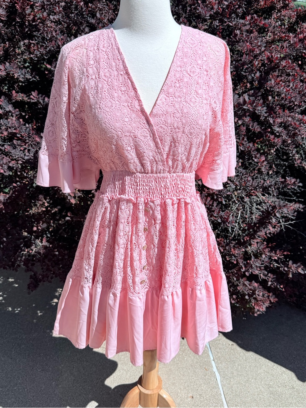 Pink Lace Tiered V-Neck Mini Dress Sz Small